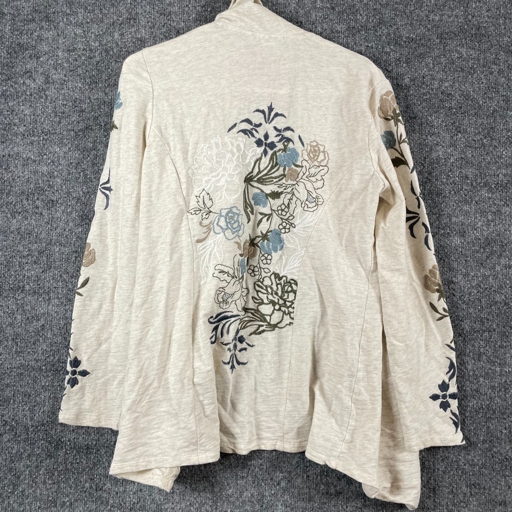 Chicos Sweater Womens 0 Small Beige Floral Cardigan Embroidered Open Front Flowy